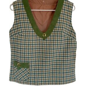 Vintage Wool Suede Green Sleeveless Checkered Pullover Vest Plaid Womens S/M